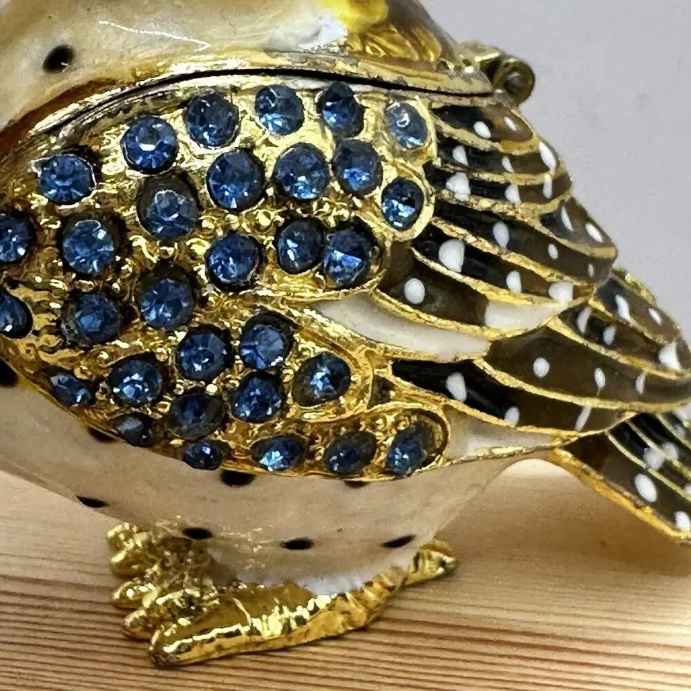 Charming Owl Jeweled Enameled Trinket Box Rhinestone Magnetic Closure Gold-Tone